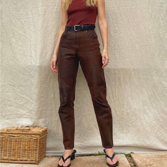 Pants - Vintage ‘80s brown leather high rise trousers / slim straight leg /biker/women